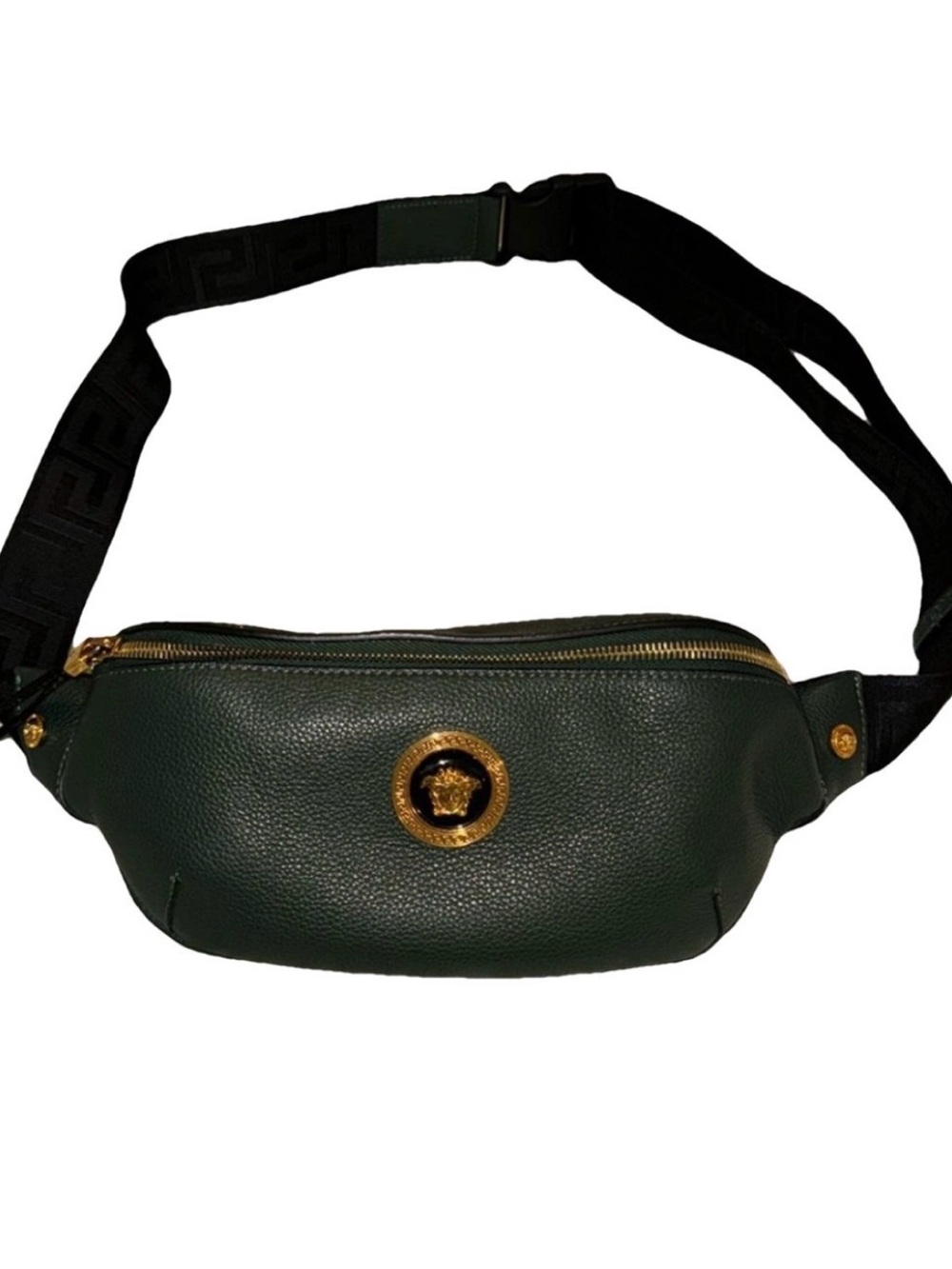 Versace Dark Green Pebbled Leather Medusa Belt Bag with Gold Hardware